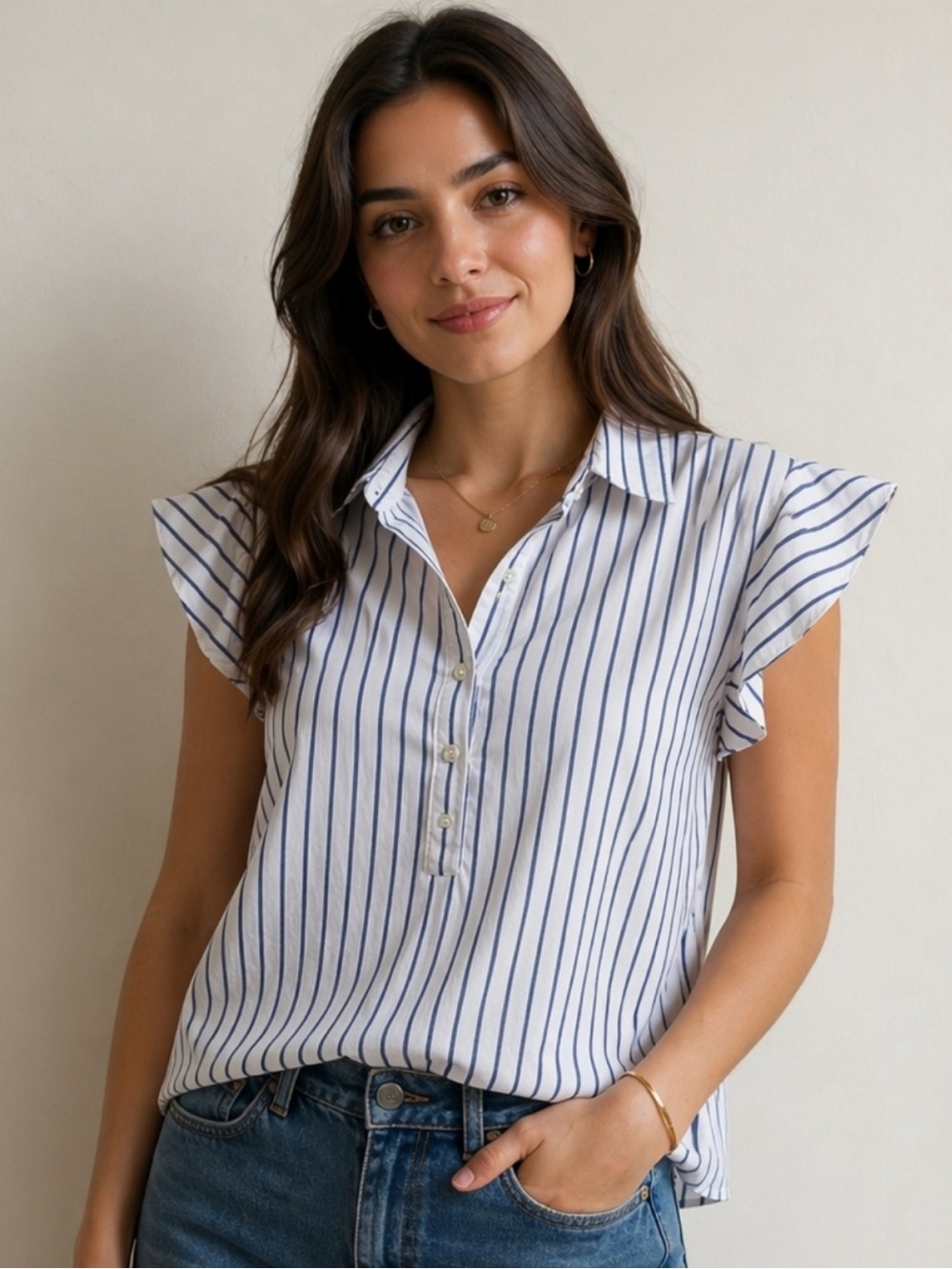 Frame Denim White Button-Front Top with Blue Stripes